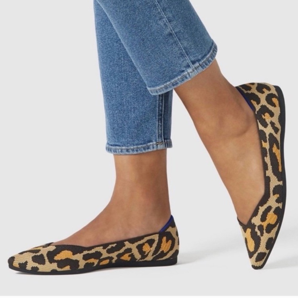 Rothy's Leopard Print Pointed Toe Flats in Tan, Black & Gold